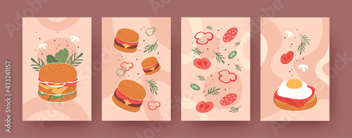 Set of contemporary art posters with burgers. Hamburger, sandwich, tomato, pepper vector illustrations in pastel colors. Fast food concept for menu designs, social media, postcards, invitation cards