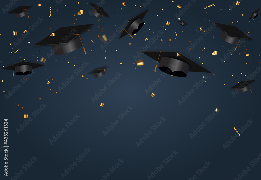 Graduation class party blue background with graduation cap hat and