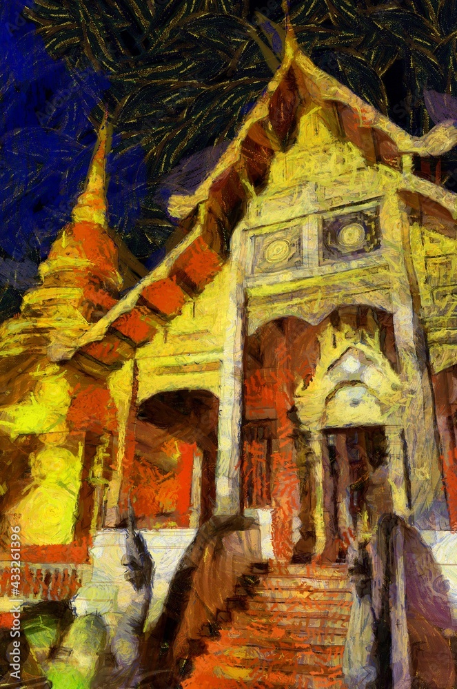 Obraz premium Wat Phra Singh Temple Chiang Mai Thailand Illustrations creates an impressionist style of painting.