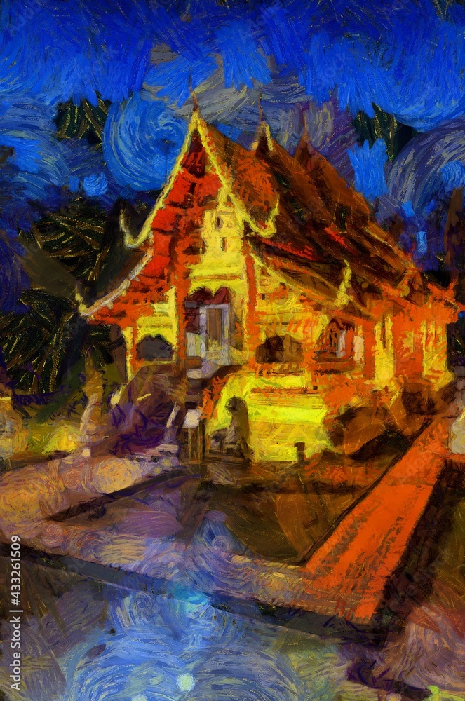 Fototapeta premium Wat Phra Singh Temple Chiang Mai Thailand Illustrations creates an impressionist style of painting.