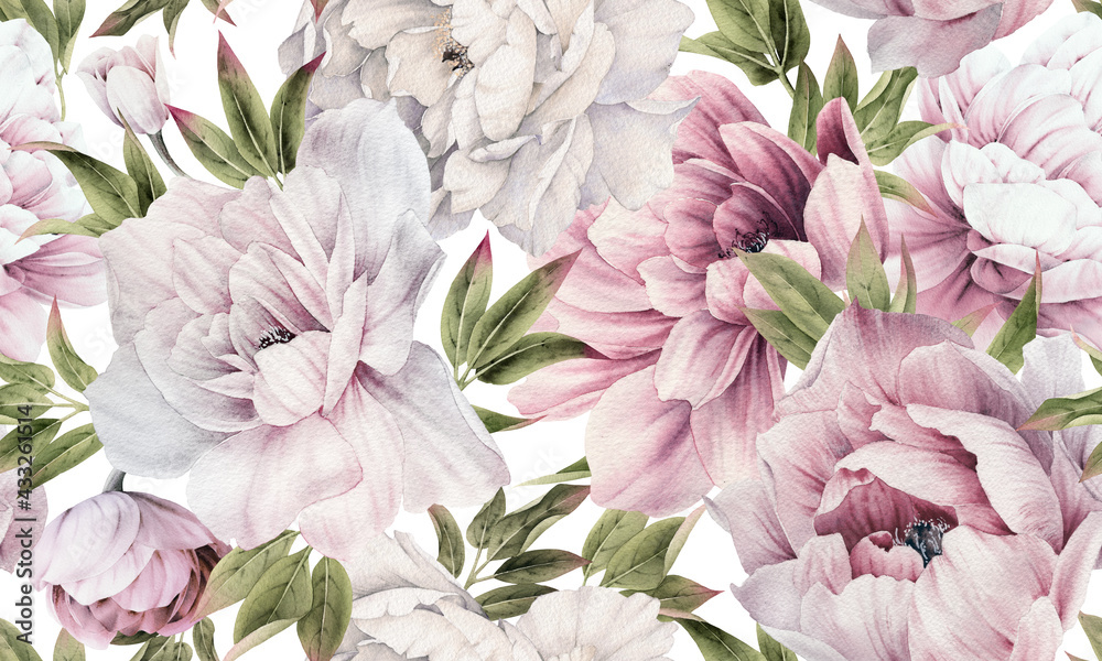 Seamless floral pattern with peonies on summer background, watercolor illustration. Template design for textiles, interior, clothes, wallpaper - obrazy, fototapety, plakaty 