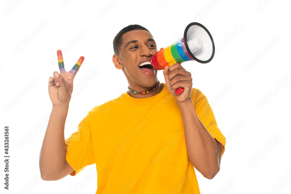 african american gay man screaming in megaphone while showing peace sign isolated on white african american gay man screaming in megaphone while showing peace sign isolated on white