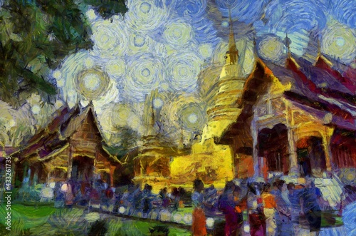 Wat Phra Singh Temple Chiang Mai Thailand Illustrations creates an impressionist style of painting.