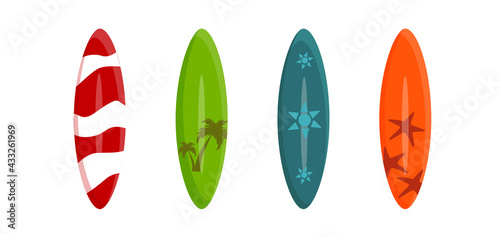Surfboard set Summer sports, beach holidays. Vector. Cartoon style.