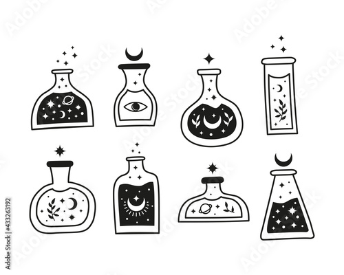 Hand drawn black magic potions in glass.