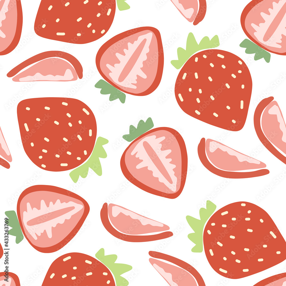 Fototapeta premium Strawberry seamless pattern with der color hand drawn berries
