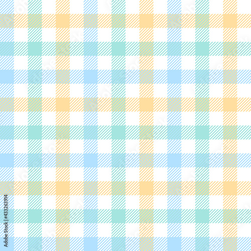 Vichy pattern seamless in light blue, green, yellow, white. Gingham check plaid striped graphic vector for spring summer tablecloth, oilcloth, towel, picnic blanket, other modern fashion fabric print.
