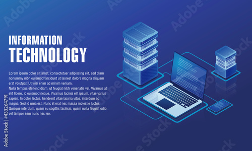 Isometric concept with laptops, smartphone and network servers. Online device interconnected for information exchange. Illustrator file with separate layers for each elements & background. 