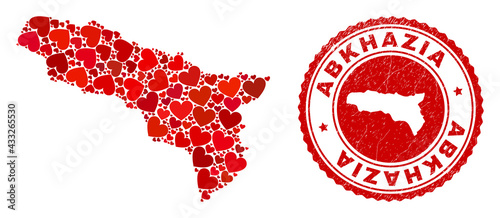 Mosaic Abkhazia map created with red love hearts, and corroded seal stamp. Vector lovely round red rubber seal imitation with Abkhazia map inside.