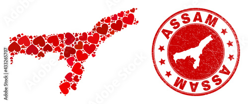 Collage Assam State map formed from red love hearts, and unclean seal stamp. Vector lovely round red rubber seal imitation with Assam State map inside.