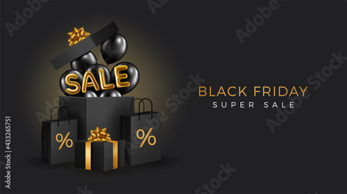 Black Friday Super Sale. Realistic black gifts boxes. Open gift box full of decorative festive object. Golden text lettering .Universal vector background for poster, banners, flyers, card,advertising 
