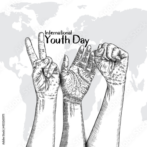 International Youth day design on annual 12 August celebration. Hand drawn sketch concept. Design of friendship day. Friends day. Vector.