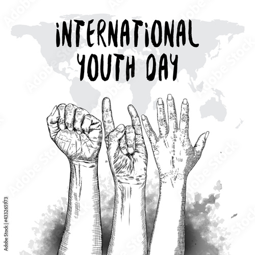 International Youth day design on annual 12 August celebration. Hand drawn sketch concept. Design of friendship day. Friends day. Vector.
