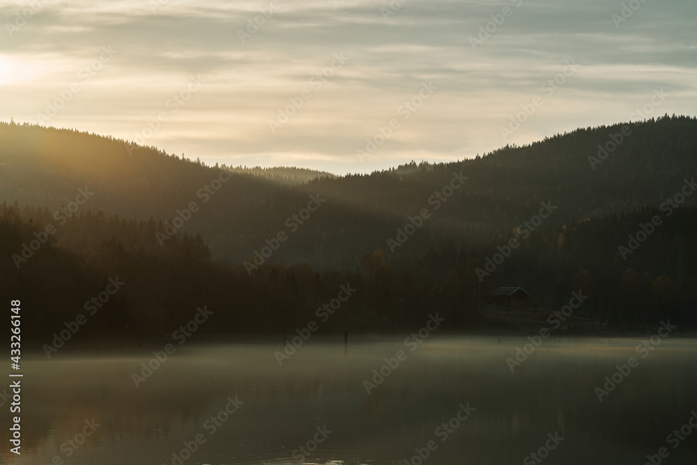 Fototapeta premium Springtime at the lake. Fog, mist and sun rays.