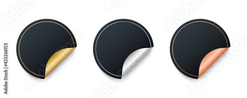 Set of round realistic adhesive stickers with a folded edges. Blank black round label templates. Gold, silver and bronze. Vector illustration.