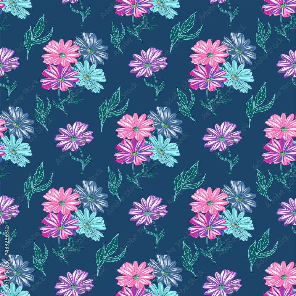 Obraz premium vector pattern with colorful daisies on a blue background