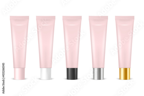 Vector 3d Realistic Plastic, Metal Pink Lip Balm, Lipstick, Cream Tube, Packing Set Isolated on White Background. Design Template of Toothpaste, Cosmetics, Cream, Tooth Paste for Mockup. Front View