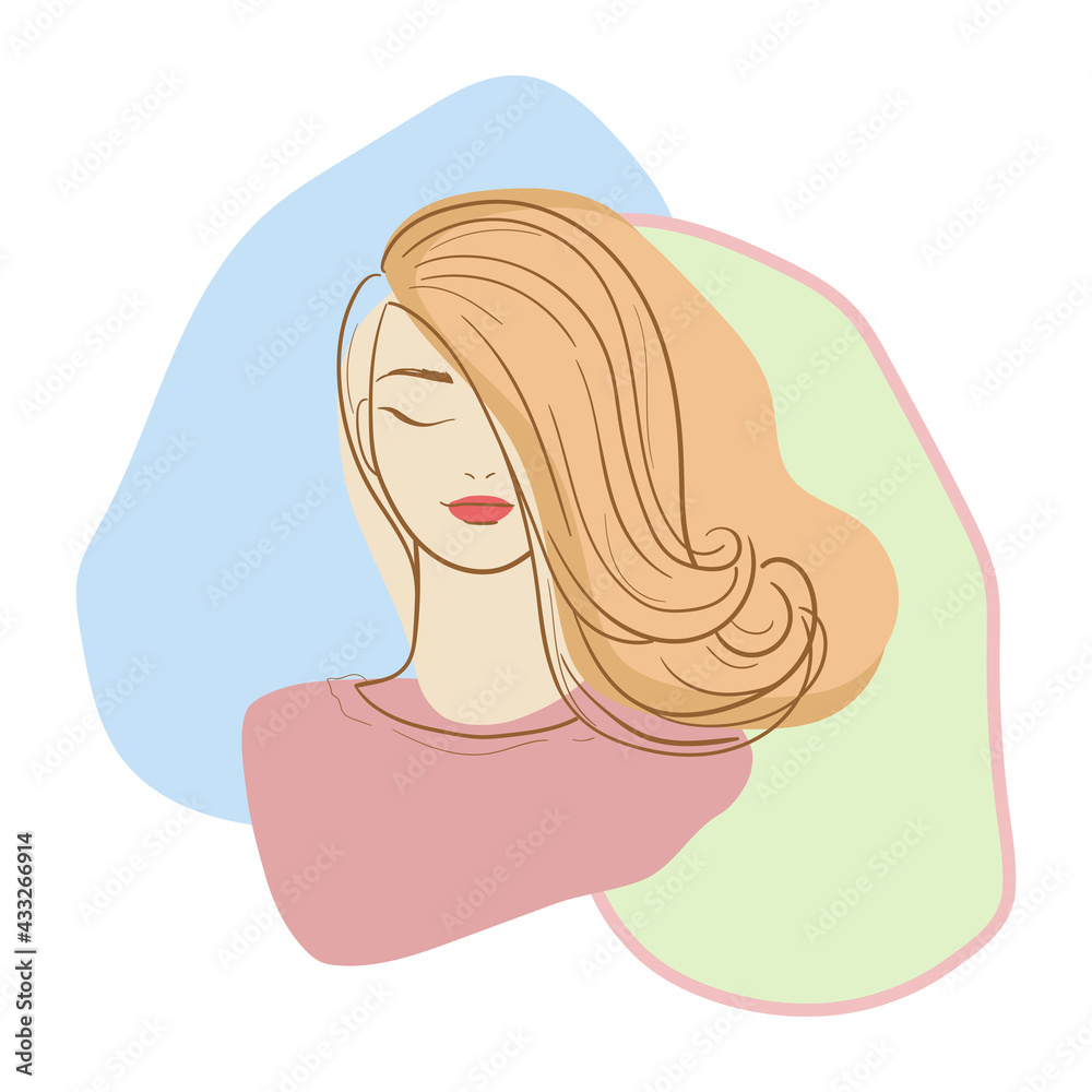 Hand-drawn outline of the face of a beautiful woman with bright lips and her hair arranged on one side in soft colors. Vector design element for beauty salon, spa, shampoo, cosmetics, label, print Hand-drawn outline of the face of a beautiful woman with bright lips and her hair arranged on one side in soft colors. Vector design element for beauty salon, spa, shampoo, cosmetics, label, print