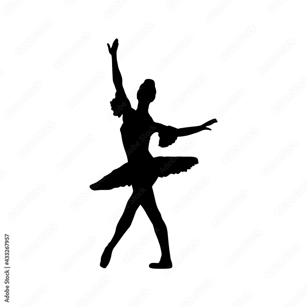 Silhouette of a ballerina on a theater stage on a white background.