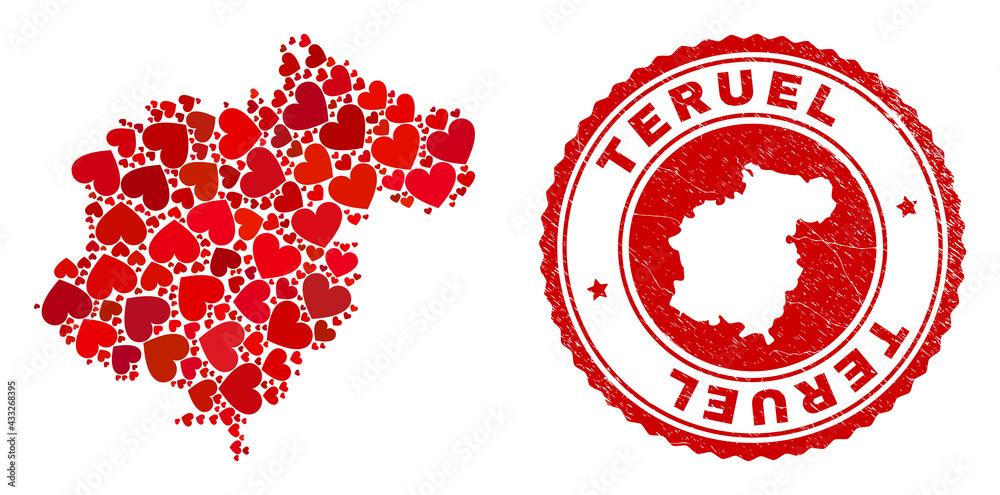 Mosaic Teruel Province map composed from red love hearts, and rubber seal stamp. Vector lovely round red rubber seal imprint with Teruel Province map inside. Mosaic Teruel Province map composed from red love hearts, and rubber seal stamp. Vector lovely round red rubber seal imprint with Teruel Province map inside.