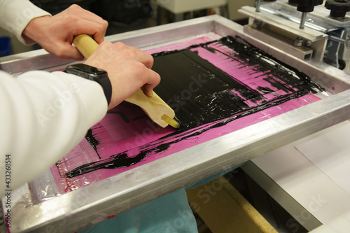 Screen printing, or silk screening, with black plastisol on t-shirts and posters.