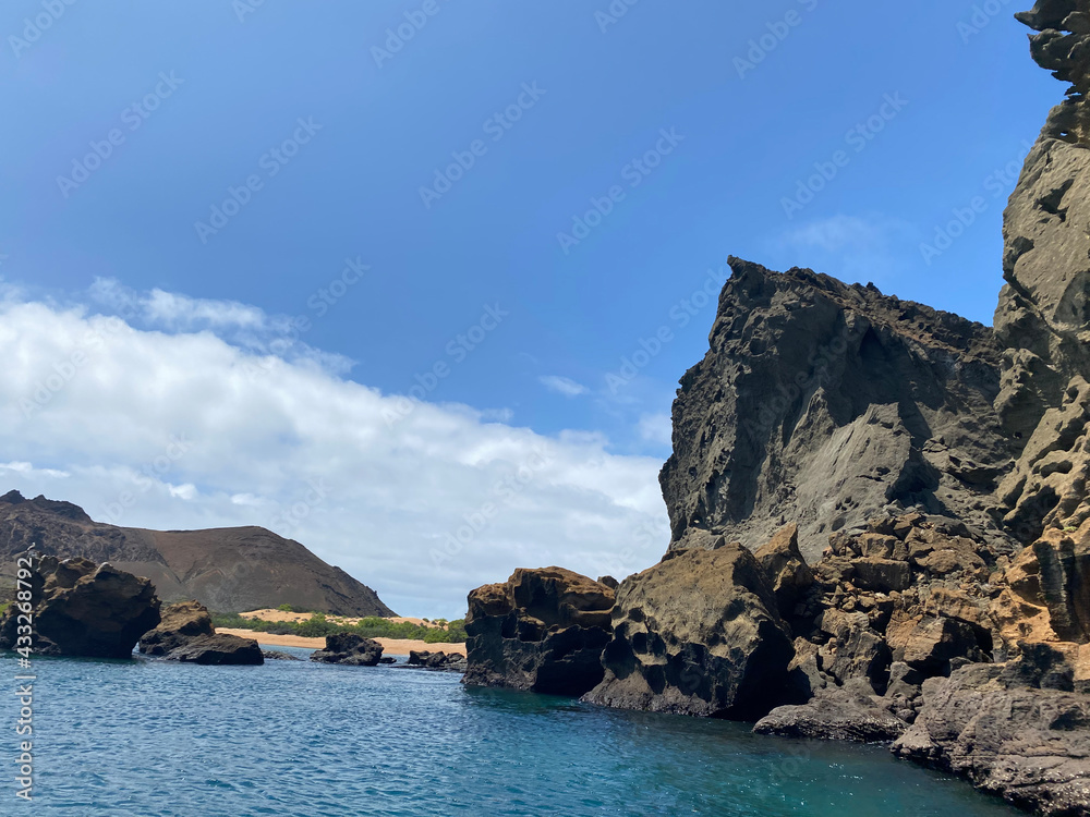 Both new and old geological formations in the Galapagos Islands. Rock formations that are present at sea level and also inside the island, such as lava tunnels. They are relatively new rocks, speaking