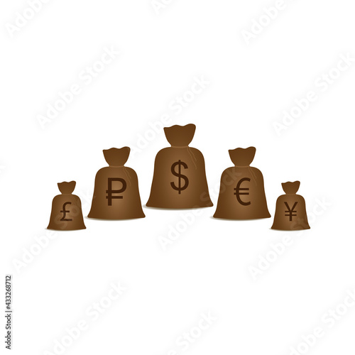 Bags of different currencies, isolated on a white background.