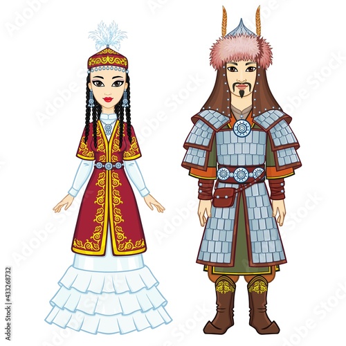 Animation portrait of Asian family in a national hat and clothes. Male warrior and female princess. Full growth. Central Asia. Vector illustration isolated on a white background.
