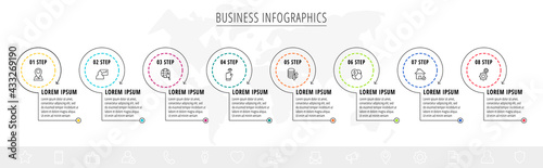 Vector infographics eight circles with arrows. Line business concept of 8 steps, options. Infographic template for diagram, web, banner, presentations, flowchart, content, levels, chart
