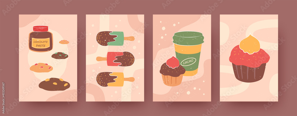 Plakat Set of contemporary posters with cookies, ice creams and muffins. Chocolate paste, hot cocoa pastel vector illustrations. Sweets, desserts concept for social media designs, postcards, invitation cards