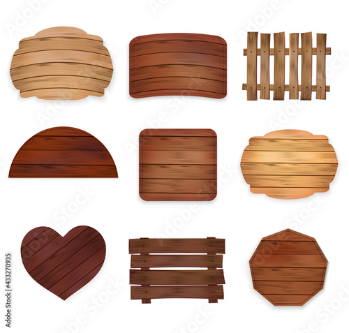 Fototapeta Naklejka Na Ścianę i Meble -  wooden realistic elements collection. Set of various shapes wooden sign boards for sale,price and discount stickers, banners, badges. Vector illustration. 