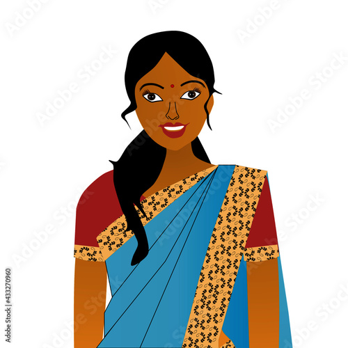 Indian woman wearing an Indian garment Sari, isolated on white background.
