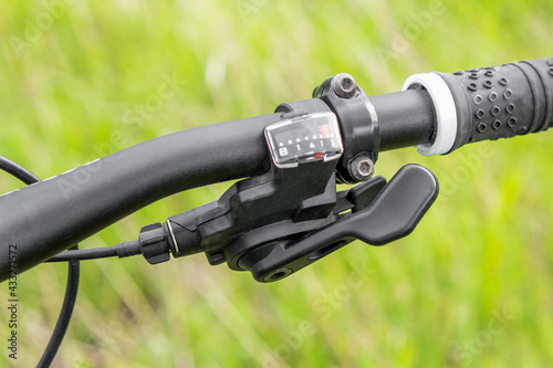 Mountain bike handlebar with 8-speed shifter. Close-up