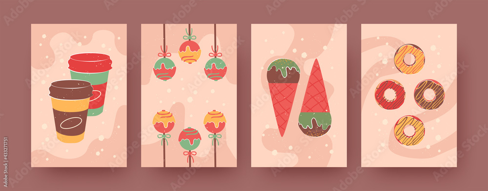 Set of contemporary art posters with coffee and candies. Hot drinks, donuts, ice cream cones pastel vector illustrations. Sweets, desserts concept for social media designs, postcards, invitation cards