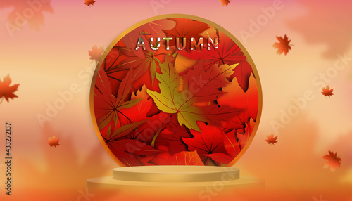 Autumn leaves background with Podium Display Cylinder Stand in Studio Room with Maples Leaves on Wall,Vector 3D Showcase in yellow and orange.Backdrop banner Product Presentation for fall season sale