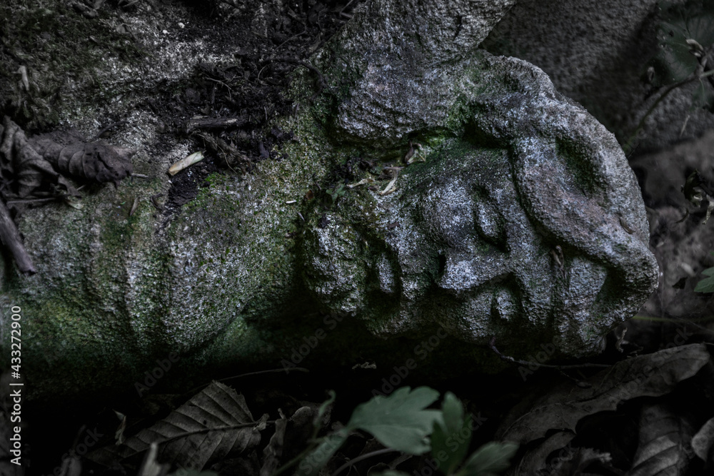 Destroyed crucifix of Jesus Christ lying on the ground in grass and fallen leaves.