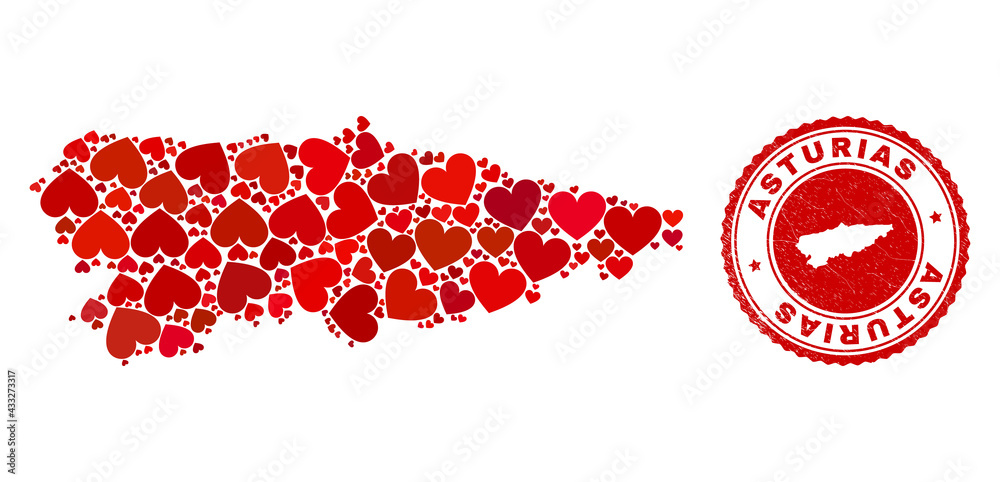 Collage Asturias Province map created with red love hearts, and rubber stamp. Vector lovely round red rubber stamp imprint with Asturias Province map inside. Collage Asturias Province map created with red love hearts, and rubber stamp. Vector lovely round red rubber stamp imprint with Asturias Province map inside.