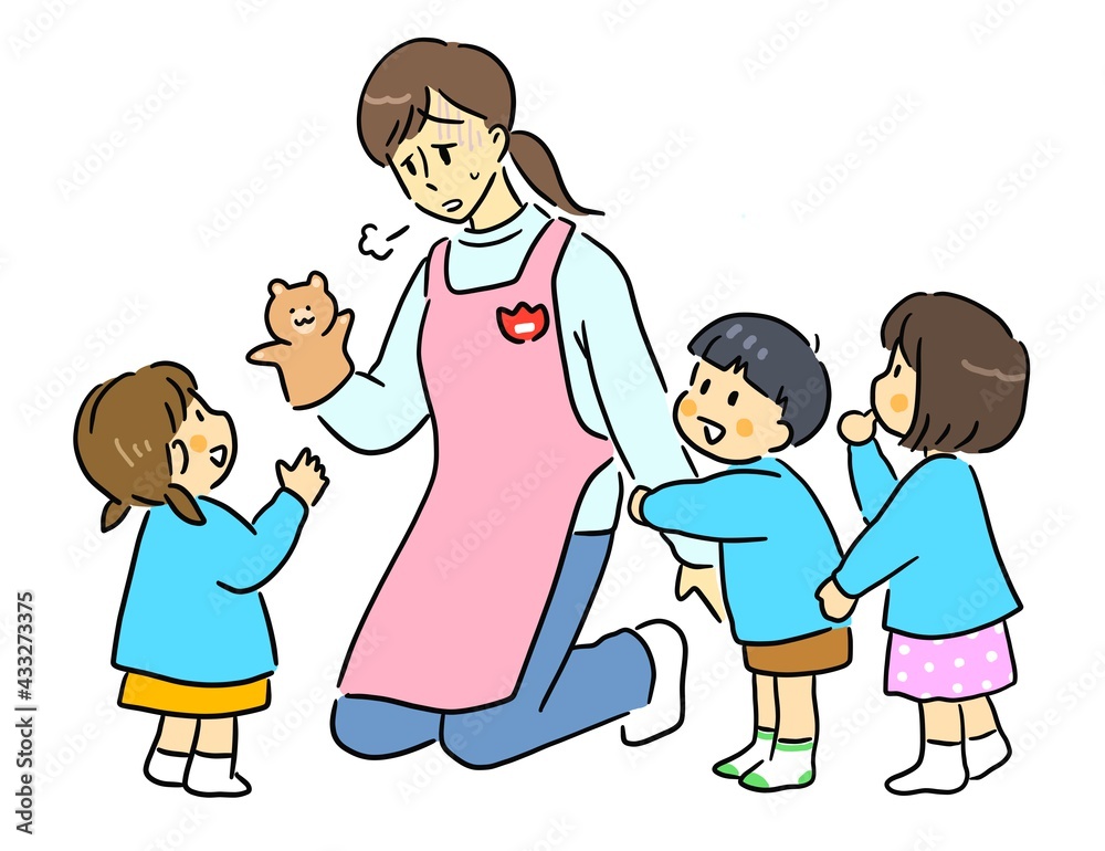 ため息をつく疲れた保育士の女性 ため息をつく疲れた保育士の女性