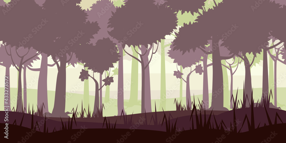 Obraz premium Jungle Tropical Forest landscape horizontal seamless background for games apps, design. Nature woods, trees, bushes, flora, vector