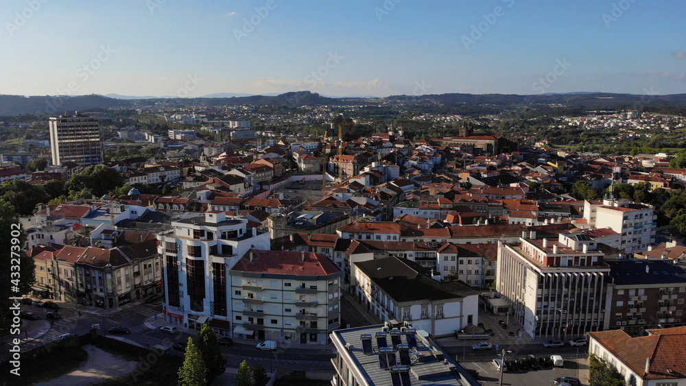 DRONE AERIAL VIEW - Panoramic cityscape view of Viseu in Portugal.