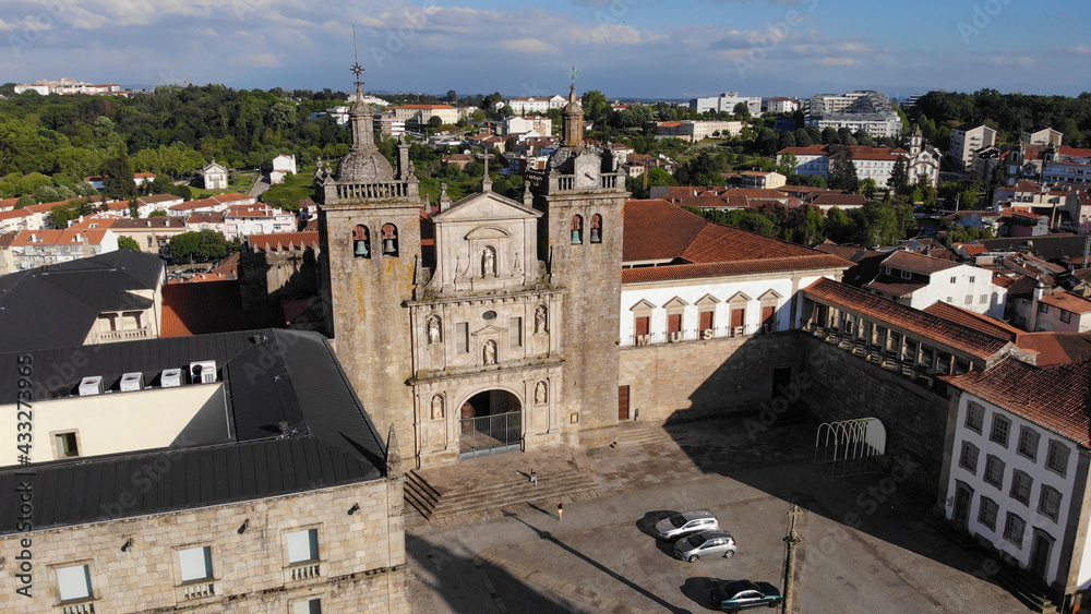 Viseu, Portugal - May 8, 2021: DRONE AERIAL VIEW - The Viseu Cathedral (Se Catedral de Viseu) is the Catholic bishopric seat of the city of Viseu, in Portugal.