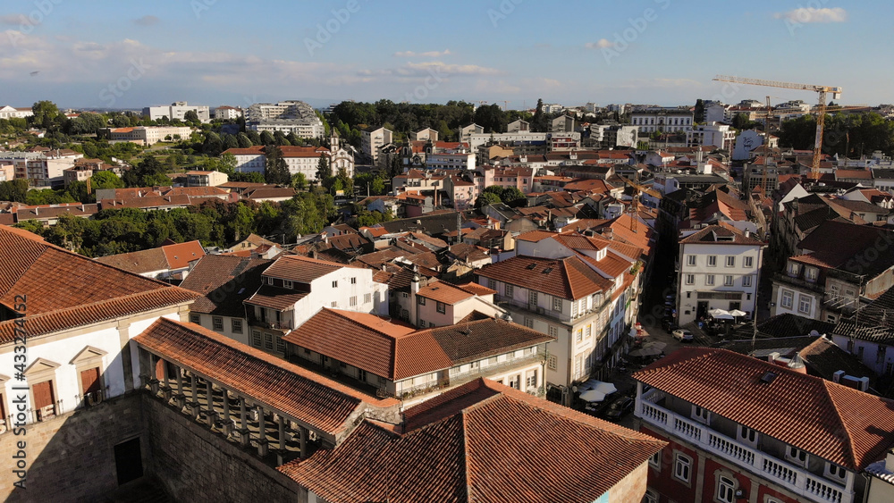 DRONE AERIAL VIEW - Panoramic cityscape view of Viseu in Portugal.