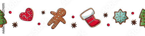 Seamless border with cute christmas gingerbread. Background white. Isolated. Vector illustration