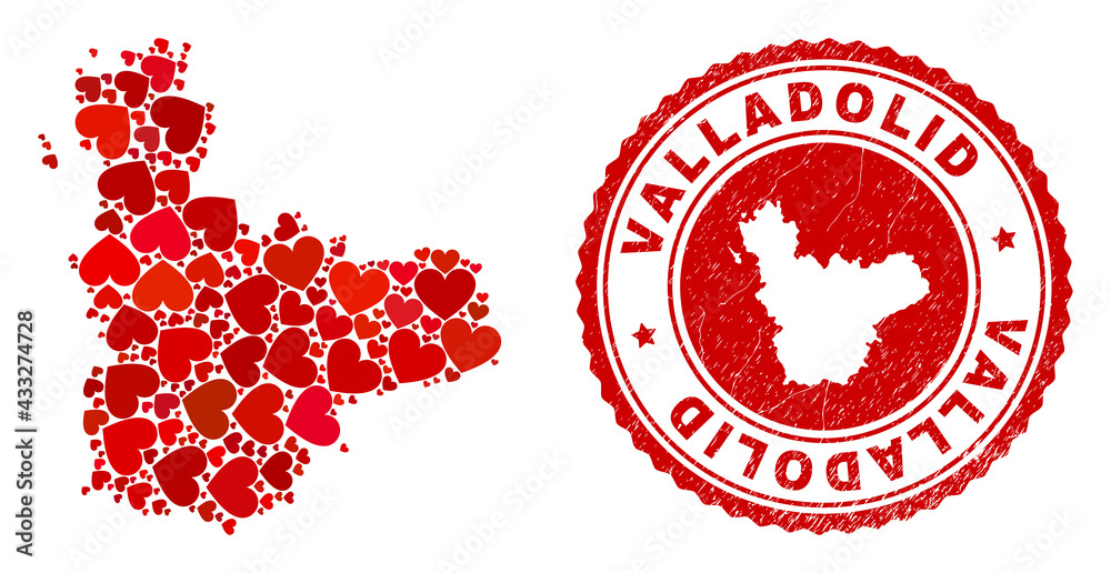 Collage Valladolid Province map created with red love hearts, and grunge seal stamp. Vector lovely round red rubber seal stamp imitation with Valladolid Province map inside. Collage Valladolid Province map created with red love hearts, and grunge seal stamp. Vector lovely round red rubber seal stamp imitation with Valladolid Province map inside.