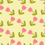Isolated seamless pattern with geometric style tulip flowers shapes. Light yellow background. Simple artwork.