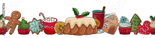 Seamless border with cartoon christmas food. Gingerbread, muffins, hot chocolate, mulled wine. Vector illustration