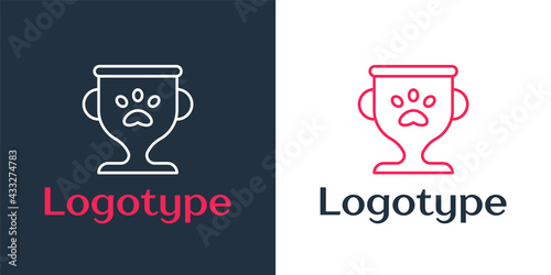 Logotype line Pet award symbol icon isolated on white background. Medal with dog footprint as pets exhibition winner concept. Logo design template element. Vector
