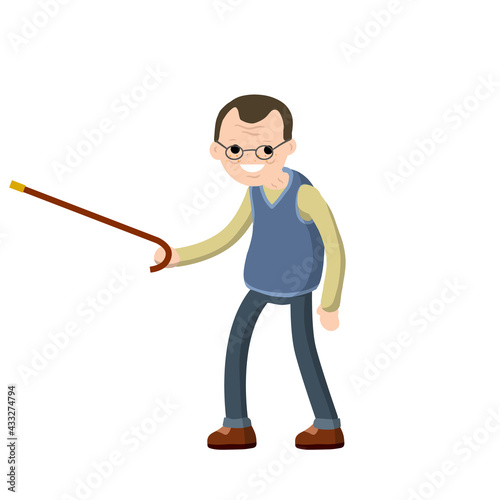 Funny old man with a cane. Senior point direction. Active Lifestyle and recreation grandfather. Cartoon flat illustration