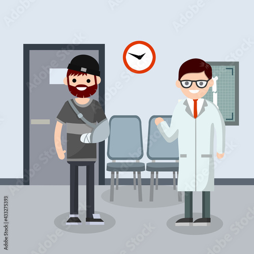 Man with broken arm in cast in hospital room. Cartoon flat illustration. The provision of medical care by doctor. Hall, seat and door. Guy and x-ray bone of hand