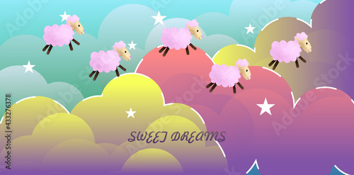 set of beautiful postcards with hand drawn fluffy watercolor clouds and sheep. Sweet dreams of a newborn baby. For birthday, housewarming, party, toy stores